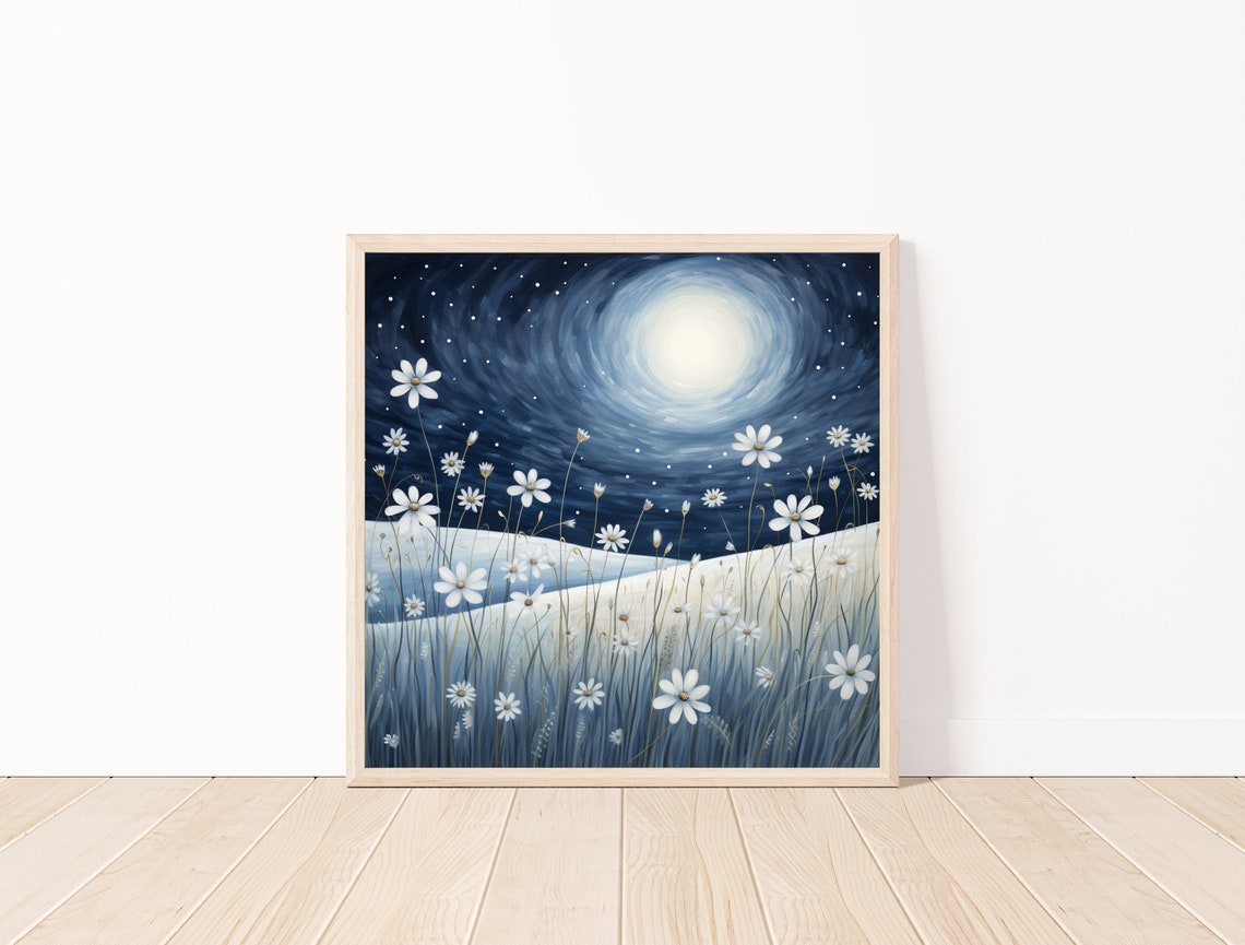 White Daisies Under A Starry Moonlit Night Sky Floral Poster