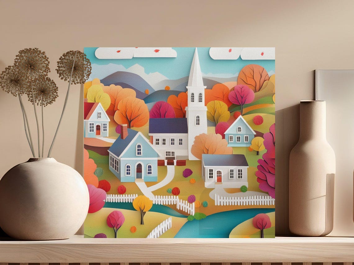 Paper Cut Fall Town With White Church Among Autumn Trees Poster - Image 3