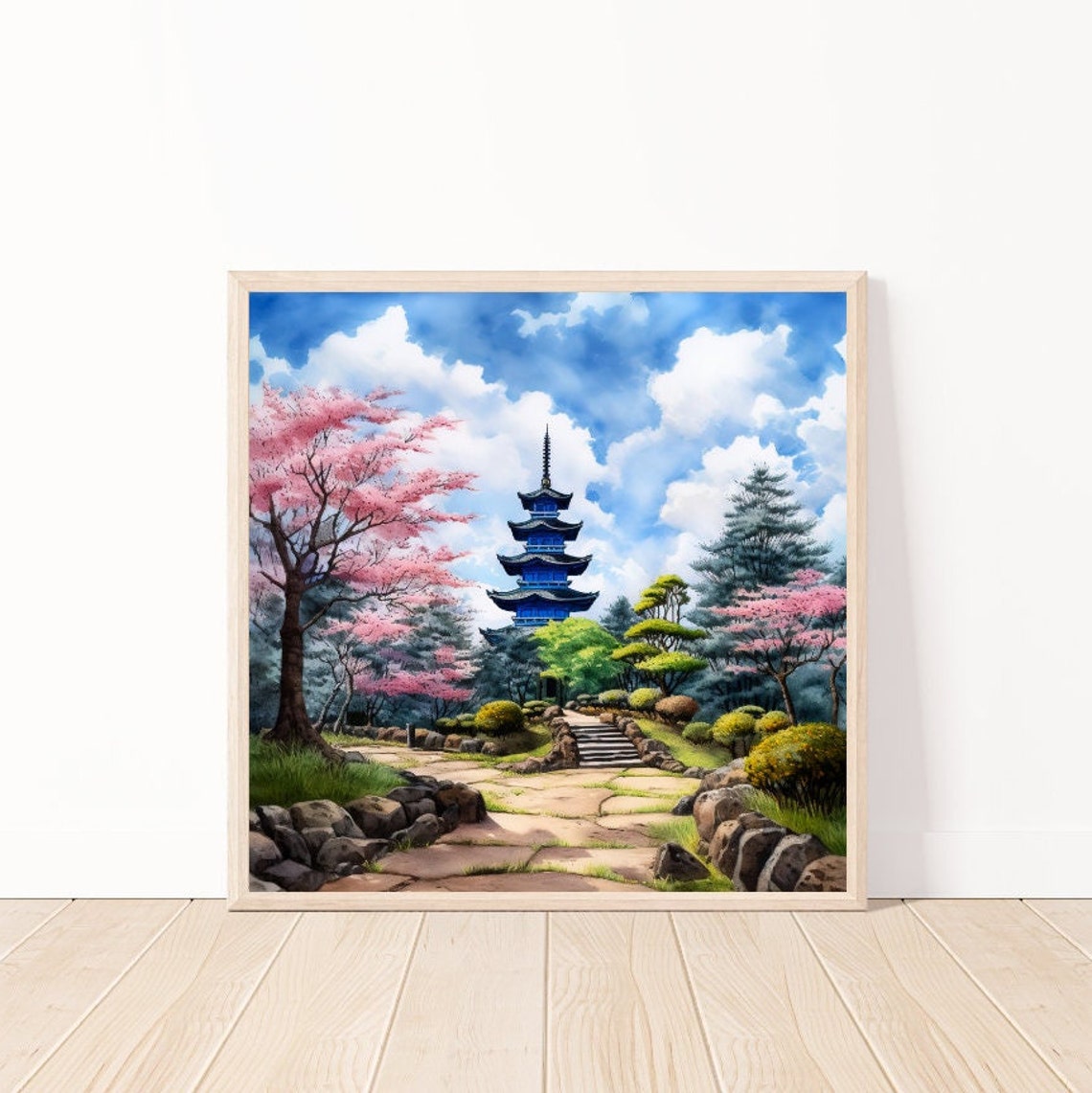 Blue Pagoda Japanese Watercolor Cherry Blossom Garden Path Poster