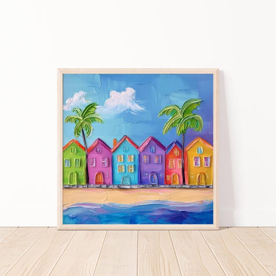 Colorful Beach Houses Wall Art Coastal Dcor Palm Tree House Painting Vibrant Coastal Artwork Square Print 20x20