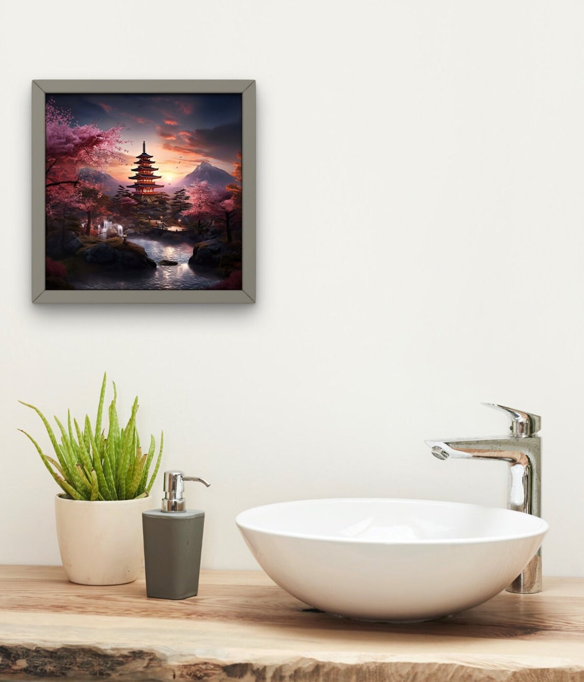 Japanese Pagoda Sunset Cherry Blossoms and Mount Fuji Art Poster - Image 3