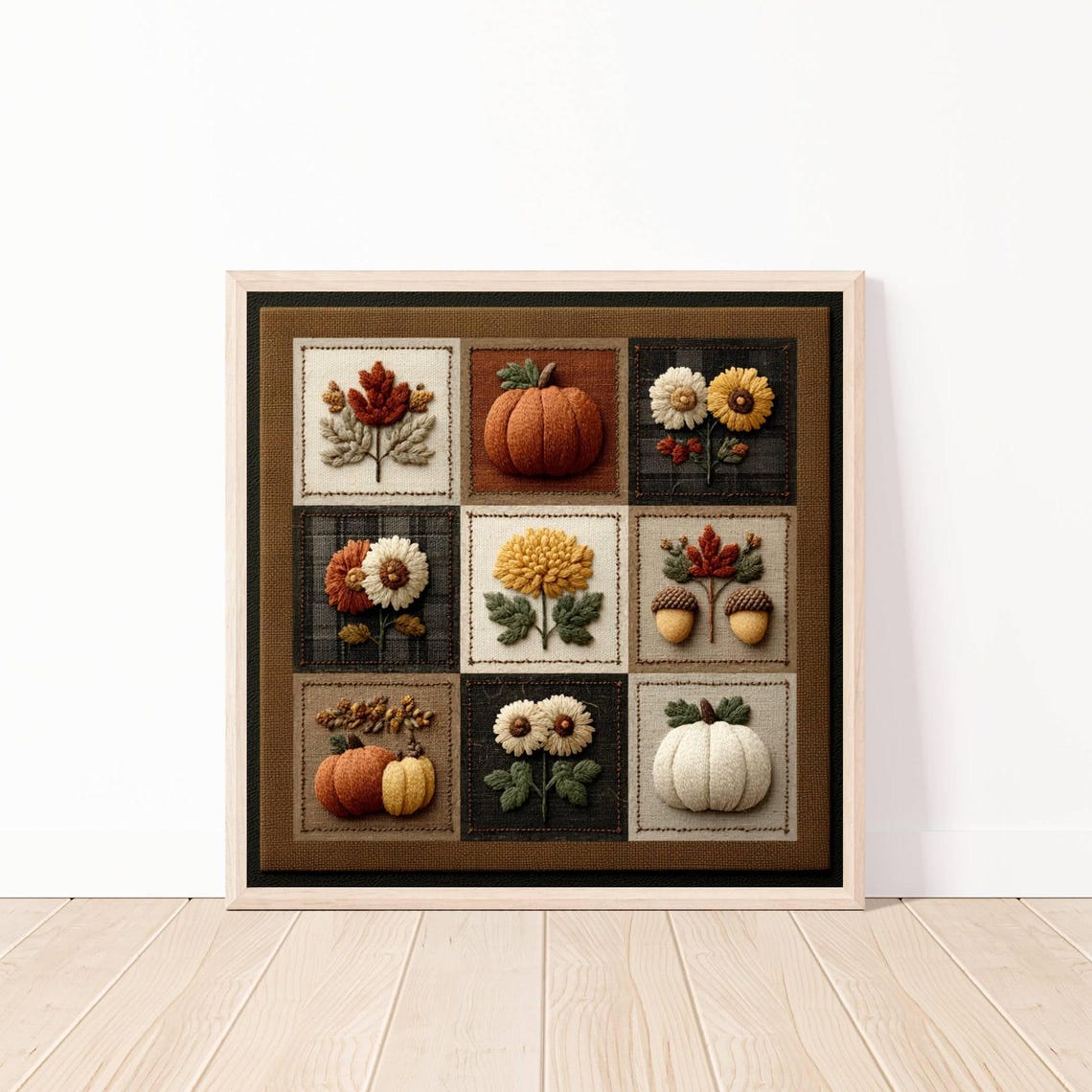 Fall Harvest Embroidery Patchwork With Pumpkins And Sunflowers Poster