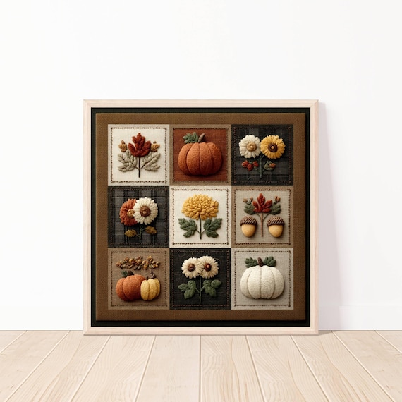 Fall Harvest Embroidery Patchwork With Pumpkins And Sunflowers Poster