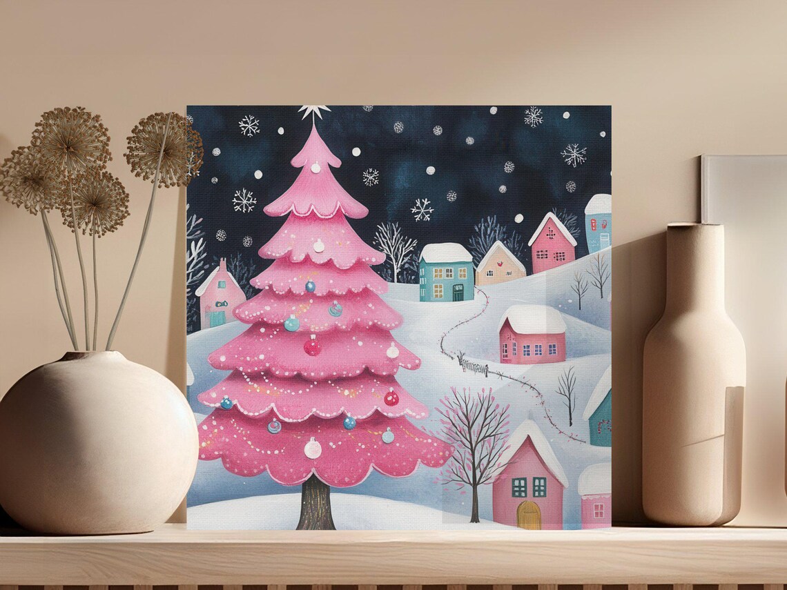 Pink Christmas Tree Snowy Village Festive Holiday Night Scene Poster - Image 3