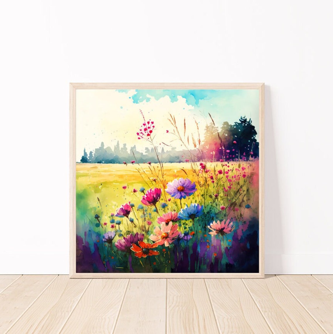 Wildflower Meadow Sunset Watercolor Colorful Summer Field Art Poster