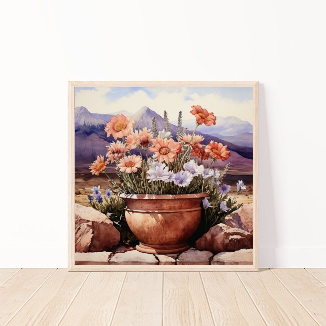 Terracotta Pot Wildflowers Mountain Meadow Watercolor Bloom Art Poster