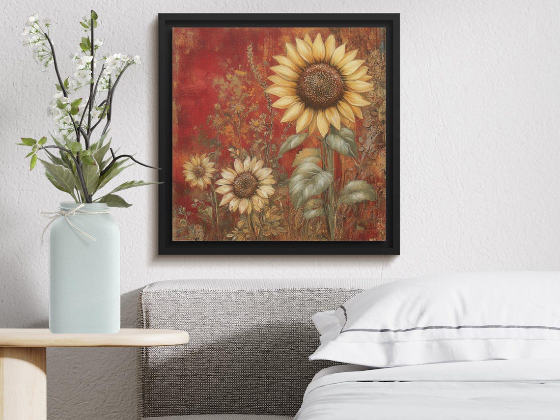Giant Sunflower Trio Against a Bold Red Textured Backdrop Poster - Image 4