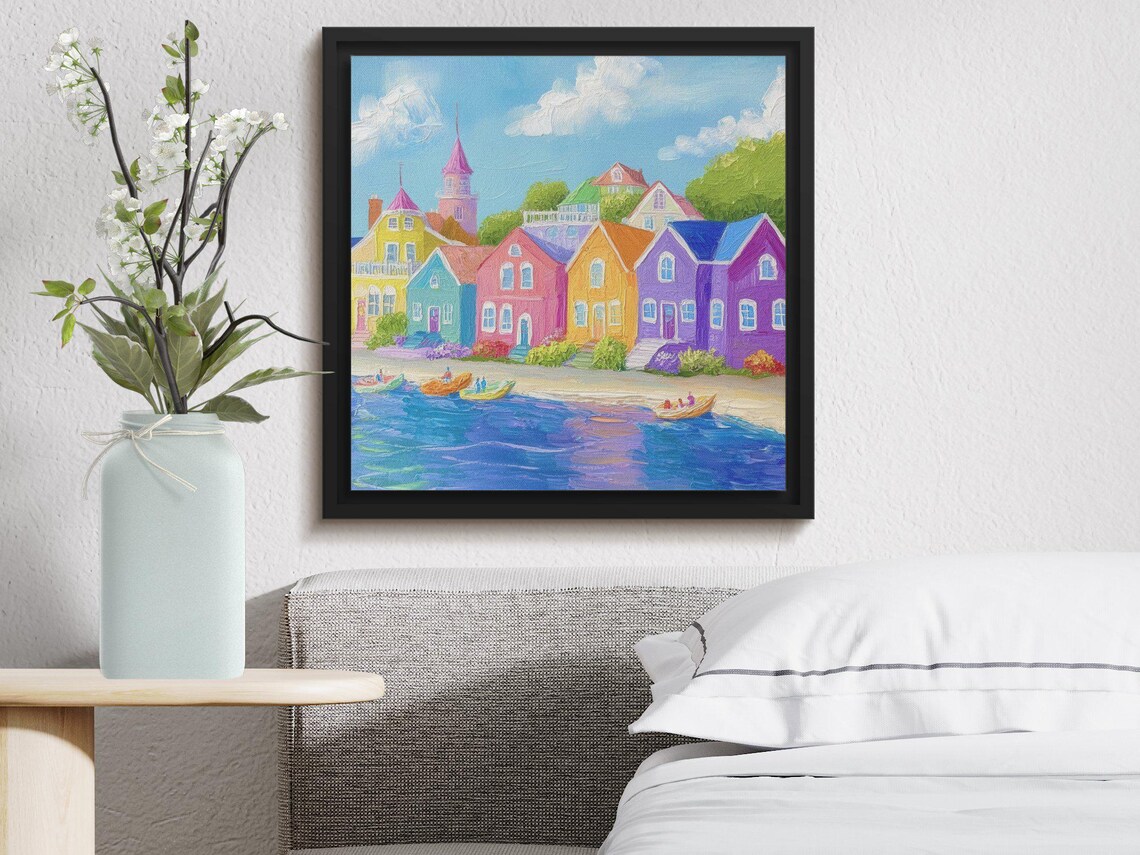Colorful Coastal Village Rainbow Houses Harbor Boats Oil Painting Poster - Image 4
