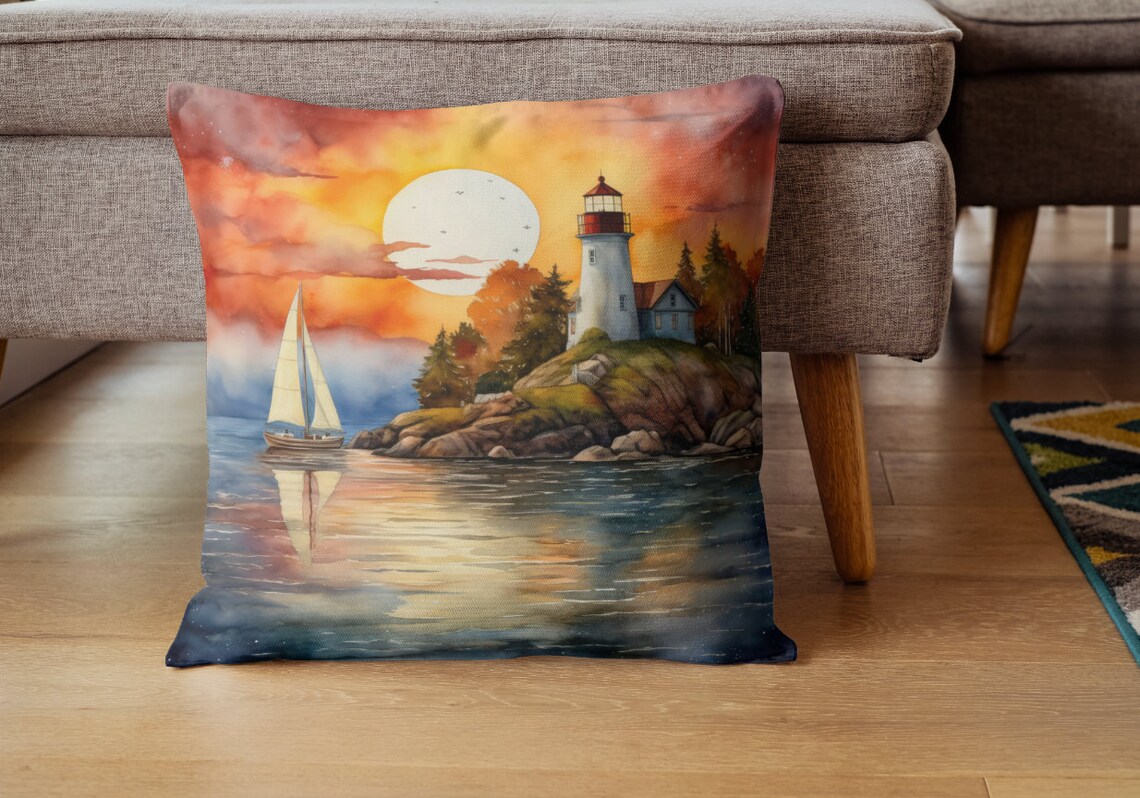 Lighthouse Sunset Sailboat Golden Hour Ocean Seascape Art Poster - Image 3