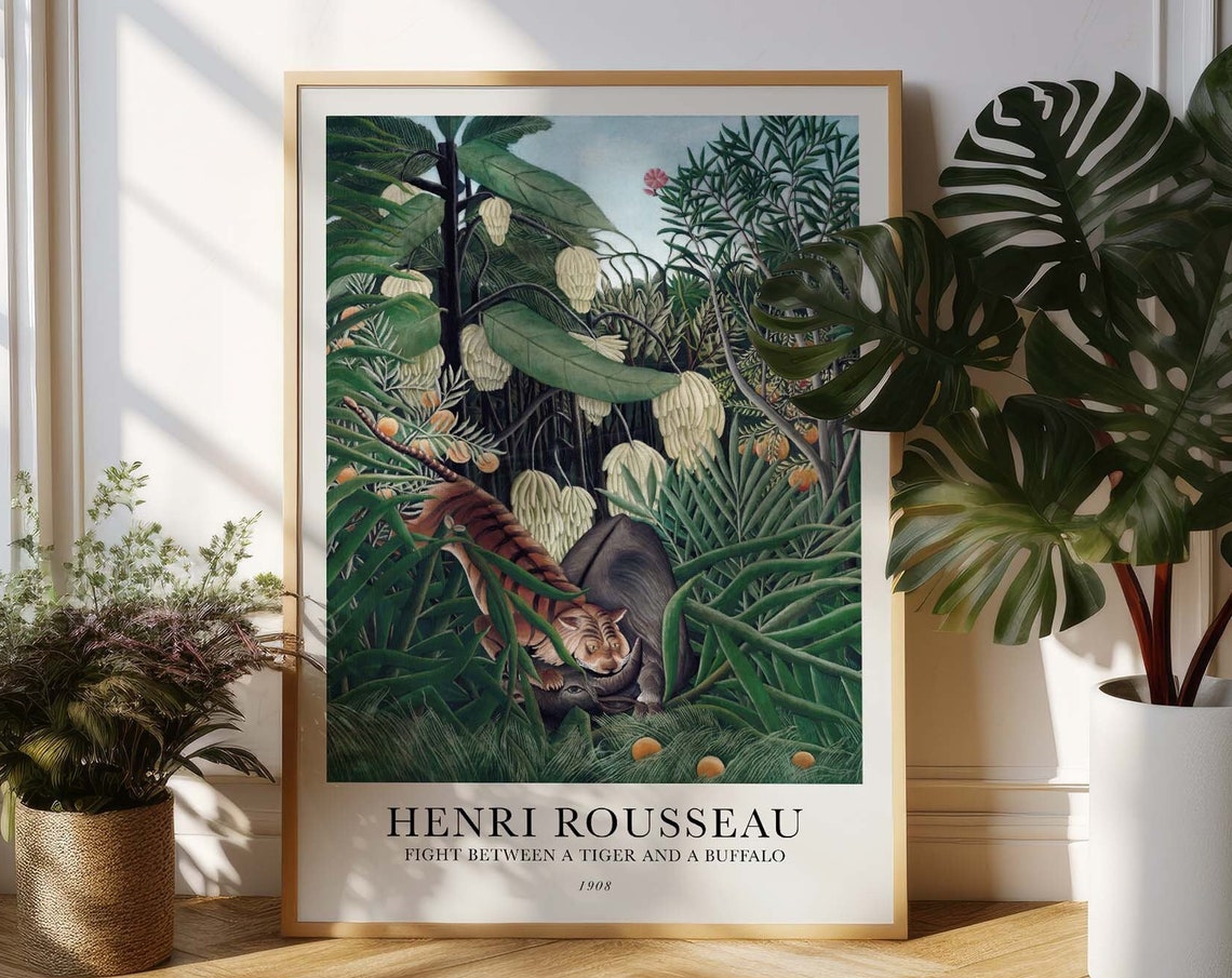 Jungle Poster With Motif By Henri Rousseau In Scandi Style Fight Between A Tiger And A Buffalo - Image 3
