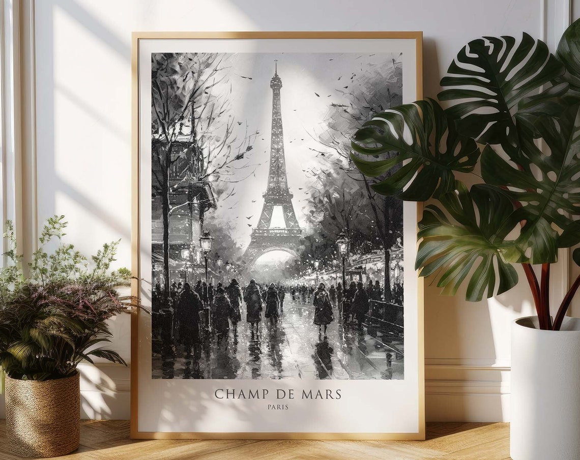 Champ de Mars Paris Eiffel Tower Black White Watercolor Poster - Image 3