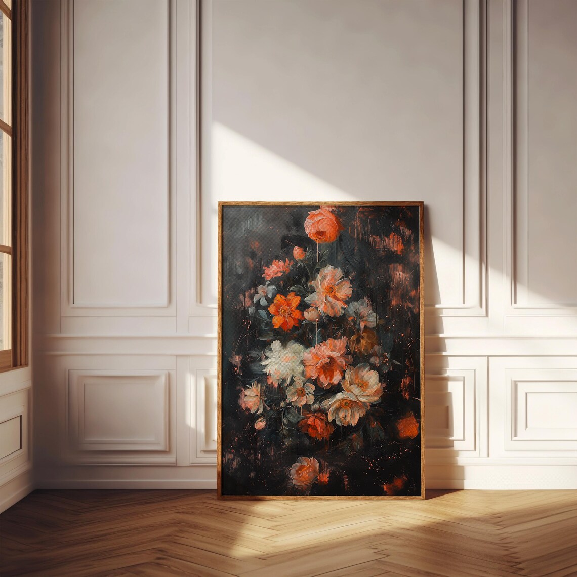 Moody Bouquet Of Peach And Orange Roses On Black Floral Print - Image 3