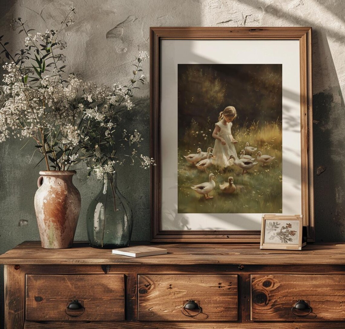 Young Girl Feeding Ducks In Sunny Meadow Vintage Oil Style Poster - Image 3
