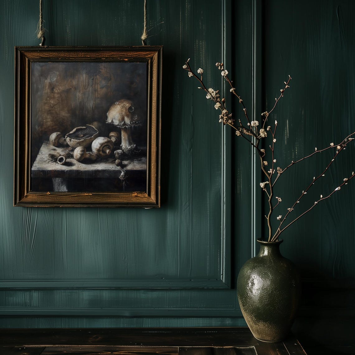 Dark Mushroom Still Life on Wood Table Gothic Vintage Poster - Image 2