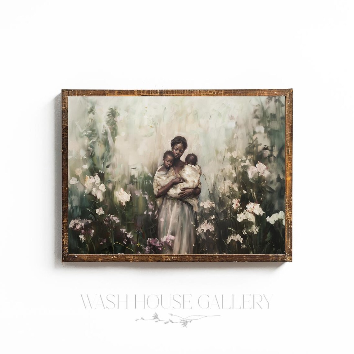 Mother Holding Two Children in a Soft Flower Garden Painting Poster - Image 2