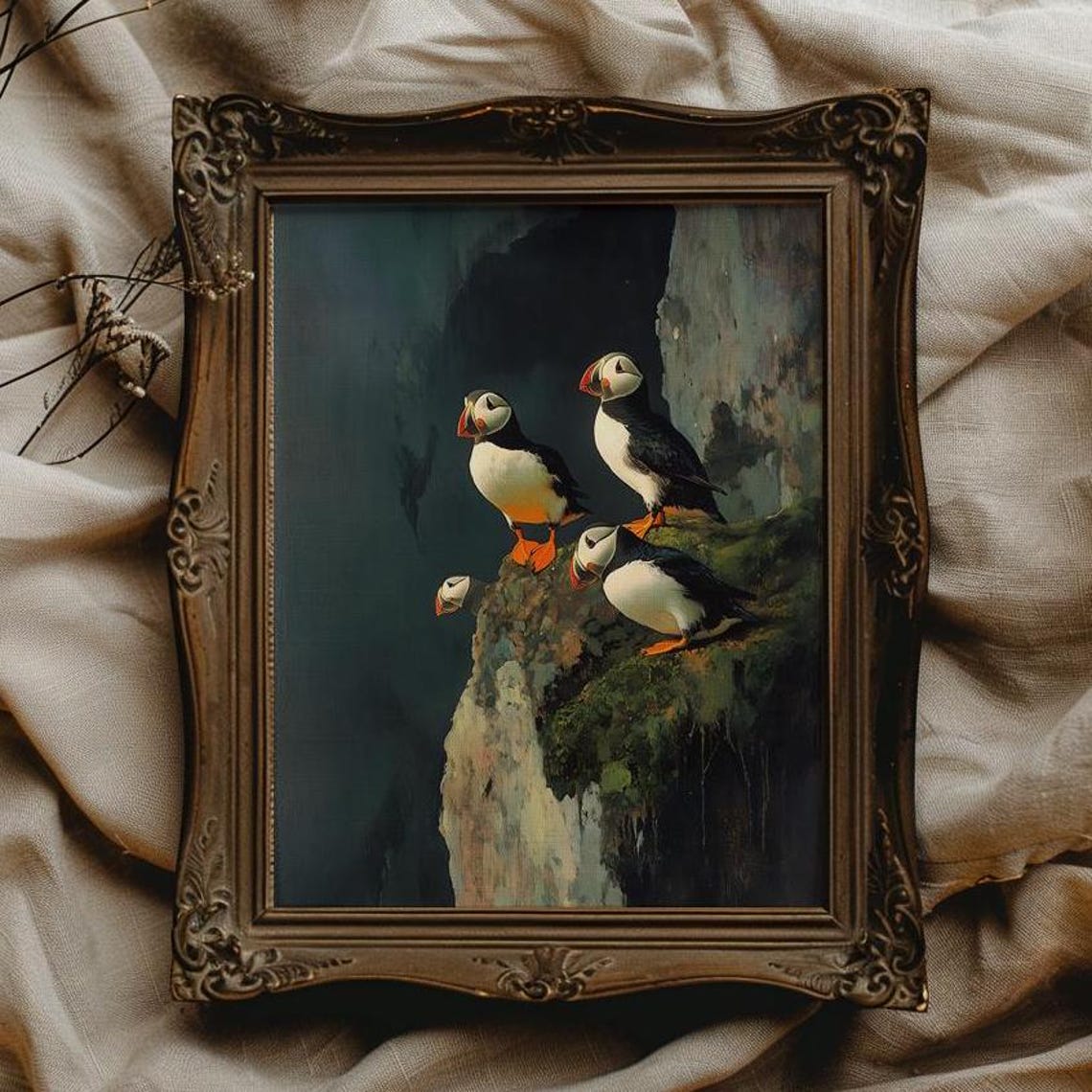 Puffins Perched on Rocky Cliff Vintage Seabird Painting Poster