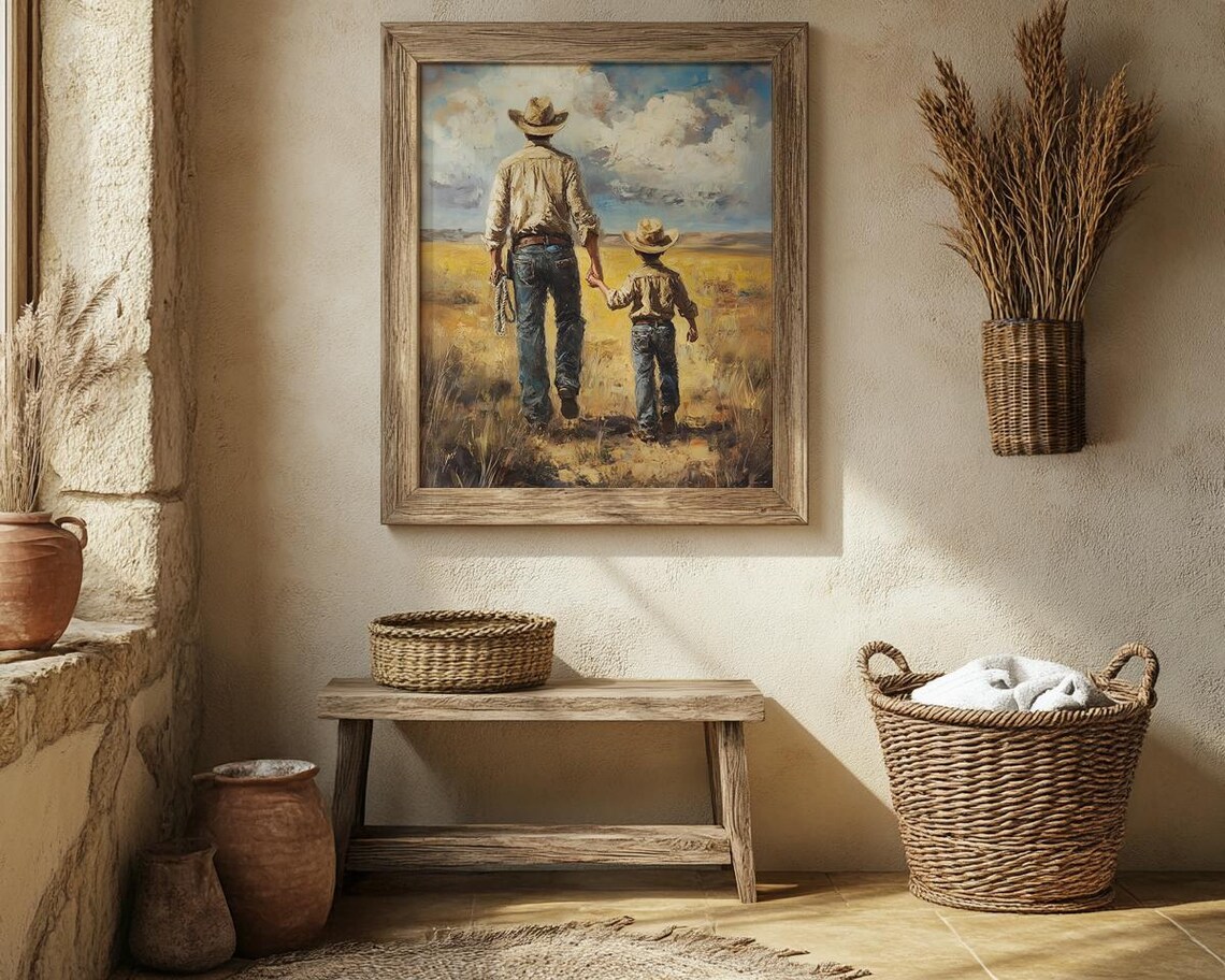 Cowboy Father and Young Son Walking Hand in Hand Across Prairie Poster - Image 3
