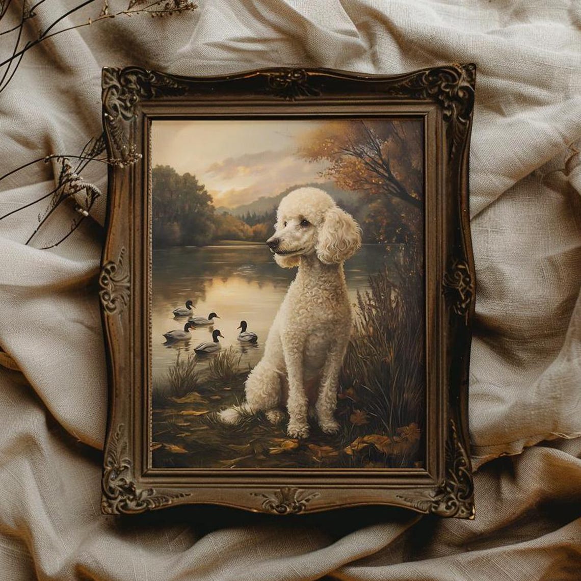 White Standard Poodle Sitting by Autumn Lake With Ducks Poster