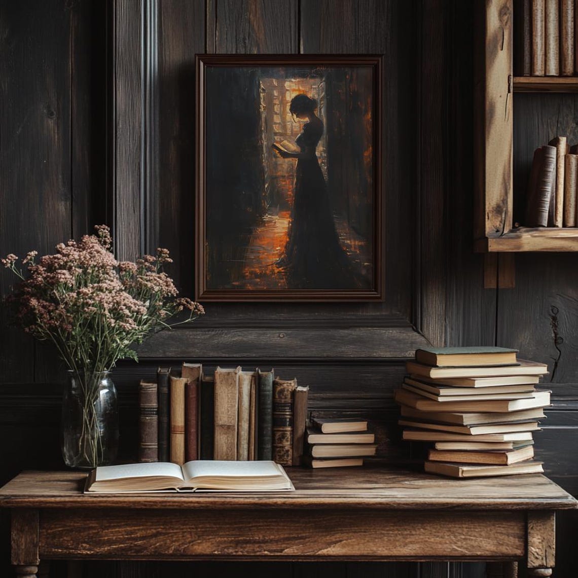 Woman Reading by Window in Dark Moody Library Gothic Art Poster - Image 3