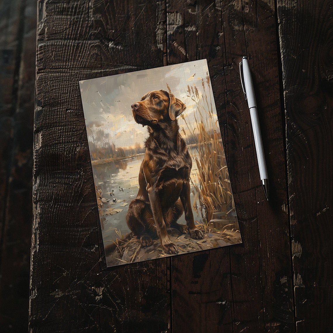 Chocolate Labrador Retriever Sitting In a Duck Marsh Painting Poster - Image 2