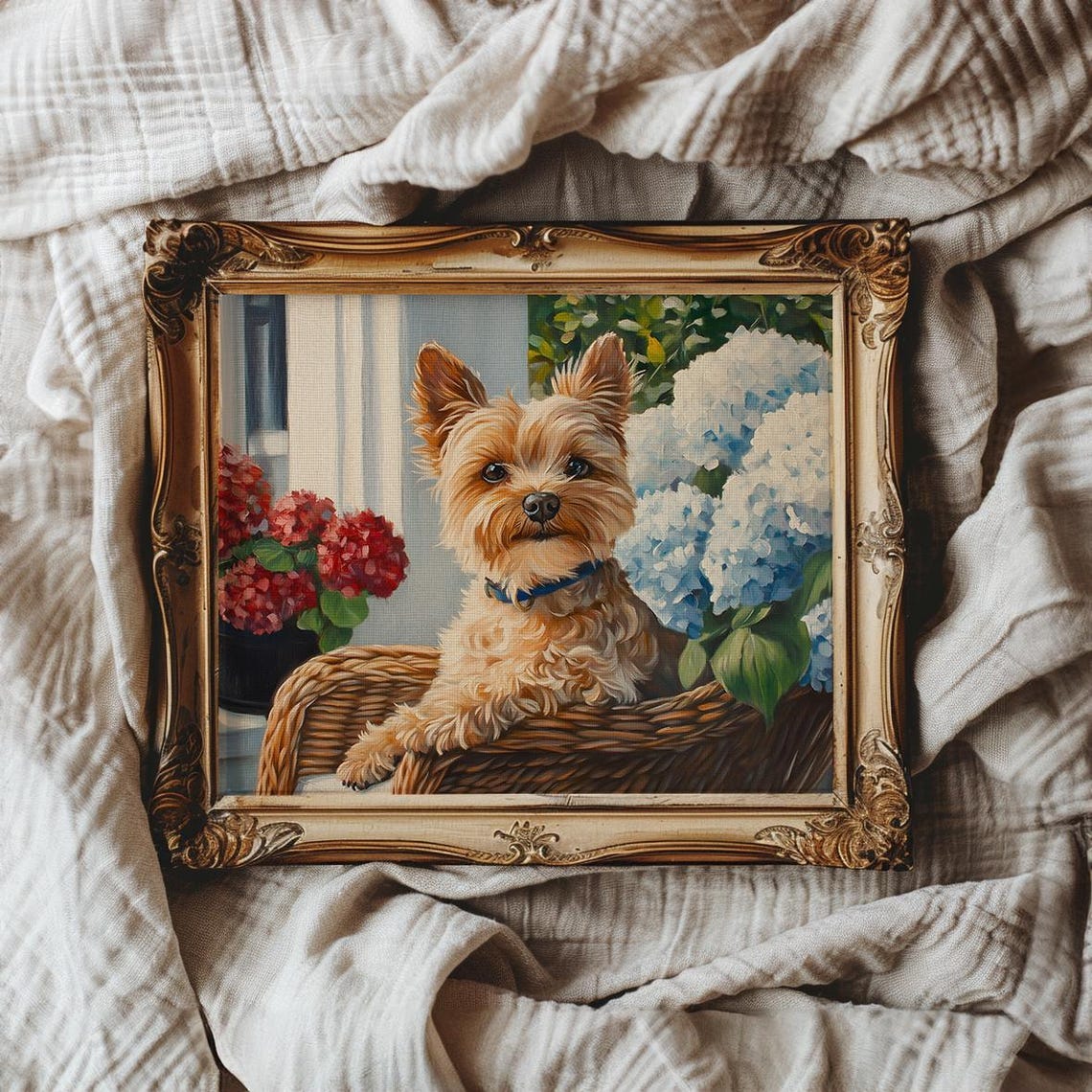 Yorkshire Terrier Puppy in a Wicker Chair with Hydrangeas Poster - Image 4
