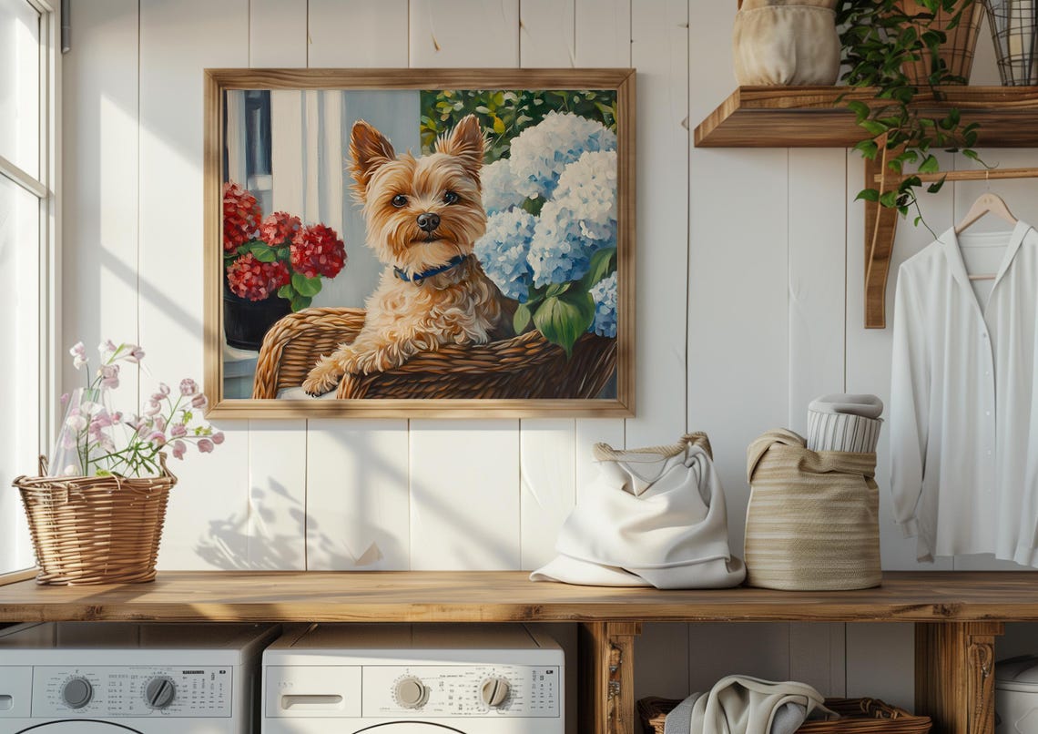 Yorkshire Terrier Puppy in a Wicker Chair with Hydrangeas Poster - Image 2