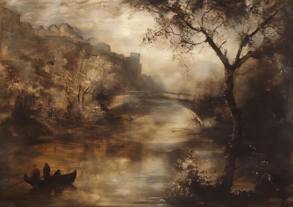 Misty River Landscape With Boat And Distant Bridge At Dawn Poster - Image 2