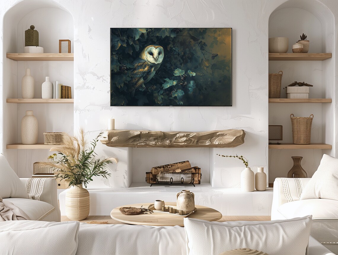 Barn Owl In Dark Ivy Vines Moody Oil Painting For Frame TV Poster - Image 3