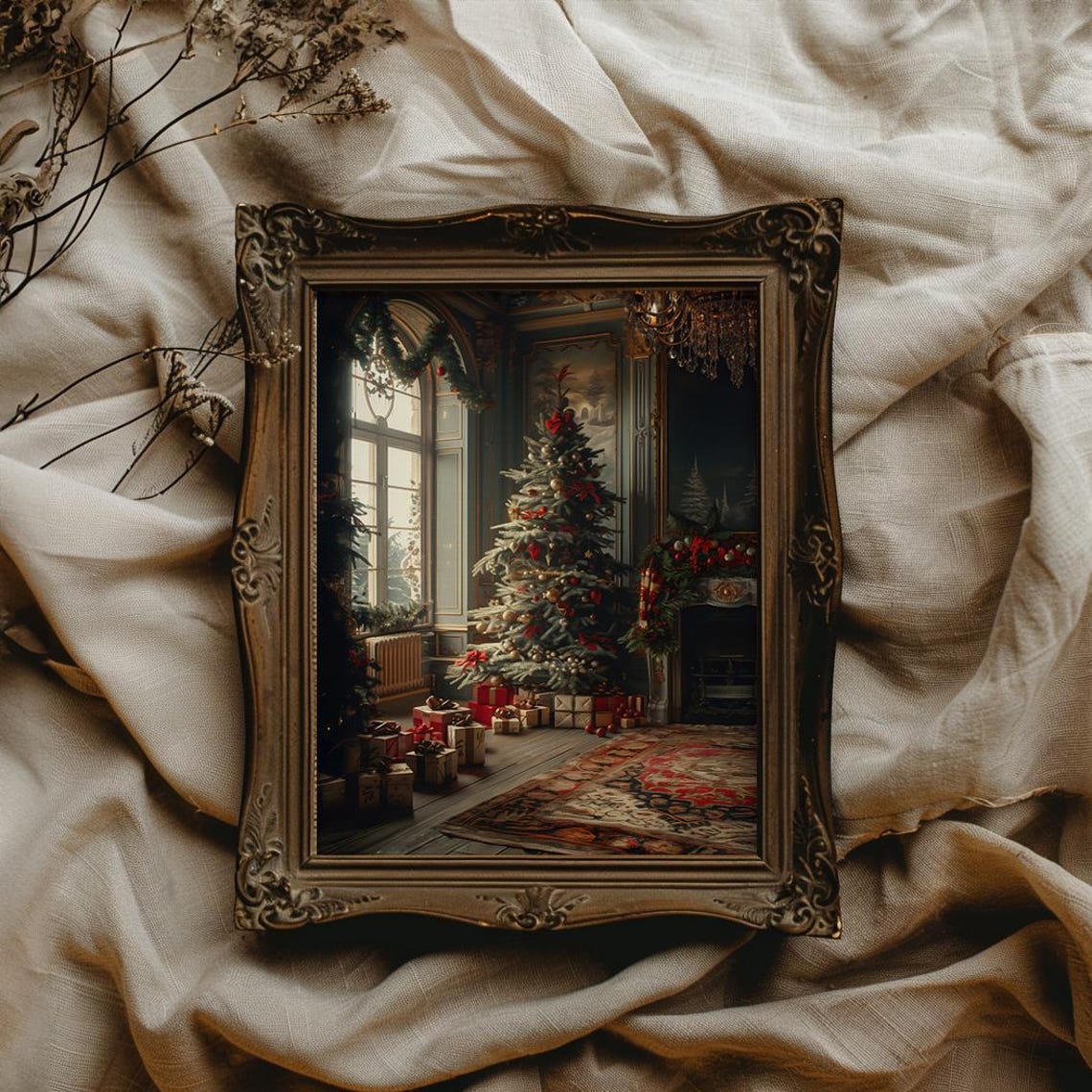 Christmas Tree with Red Bows in Grand Holiday Parlor Scene Poster - Image 2
