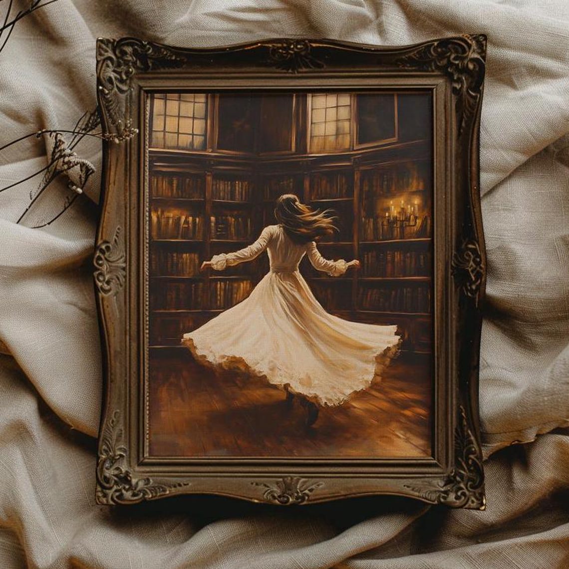 Woman in White Dress Dancing in Grand Candlelit Library Poster