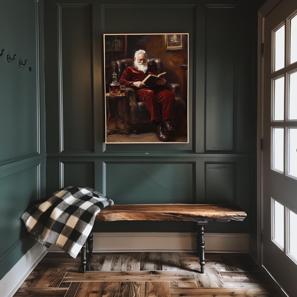 Santa Claus Reading a Book by Fireplace in Red Suit Christmas Poster - Image 2