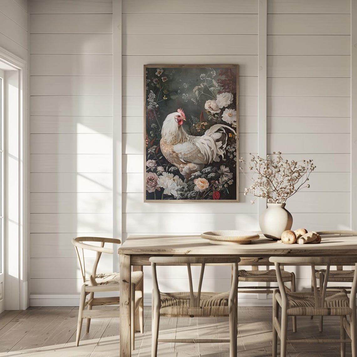 White Rooster with Blush Flowers Dark Botanical Farmhouse Poster - Image 2