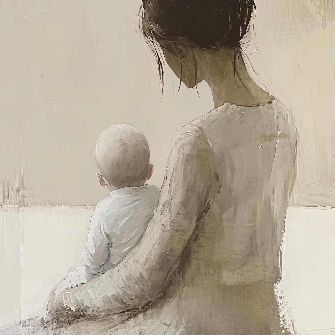 Minimalist Mother And Baby In Soft Beige Tones Nursery Art Poster - Image 3