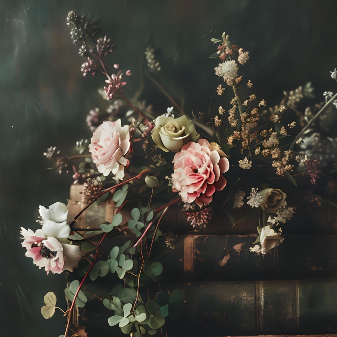 Stack of Antique Books with Roses Flowers Dark Floral Poster - Image 2
