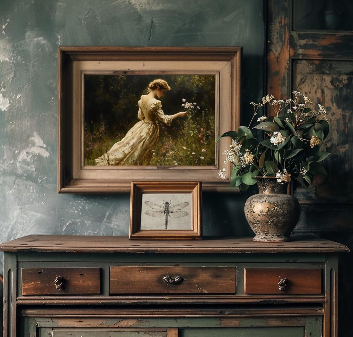 Victorian Lady Picking Wildflowers In Meadow Dusk Painting Poster - Image 4