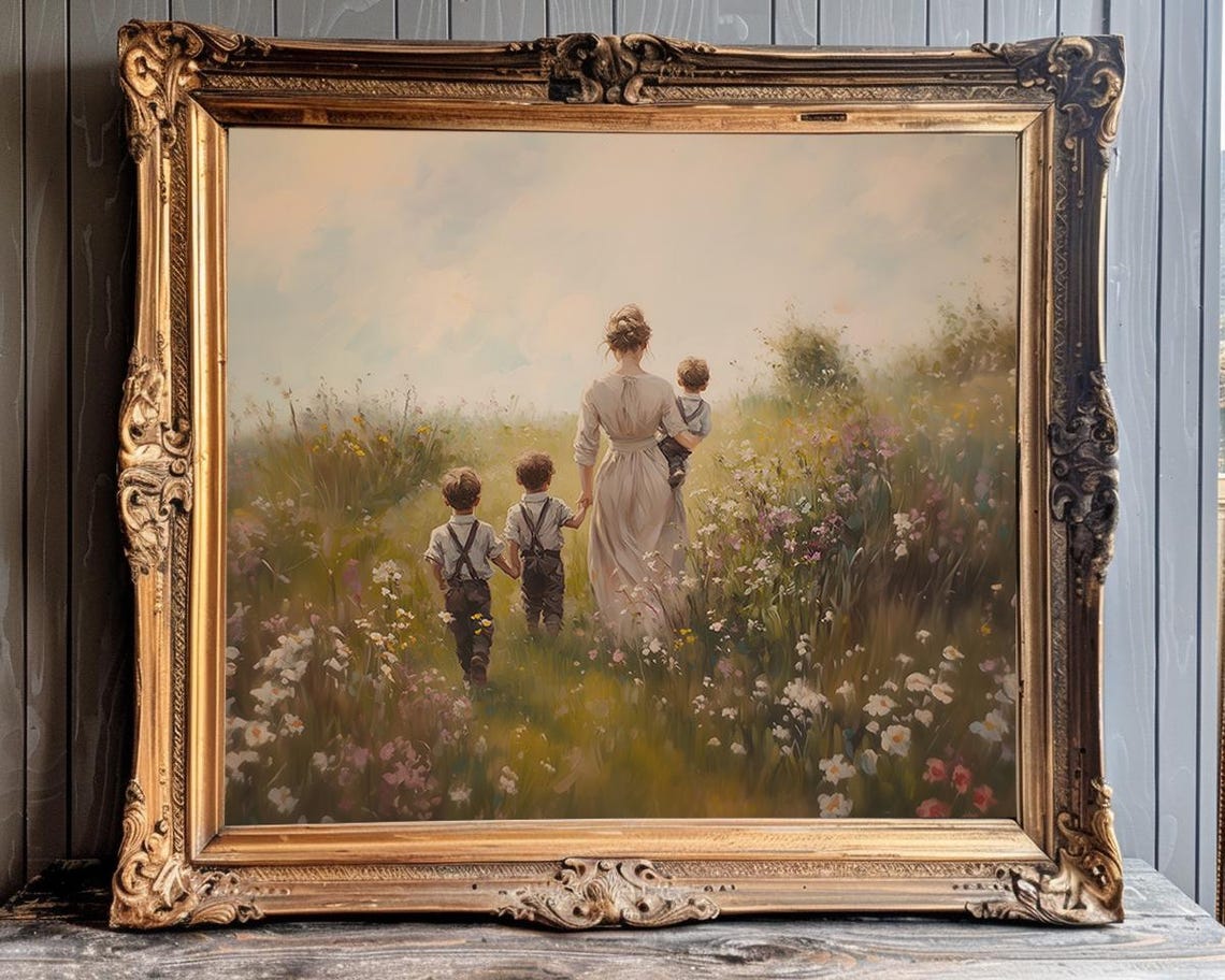 Mother With Three Boys Walking Through Wildflower Meadow Poster - Image 3