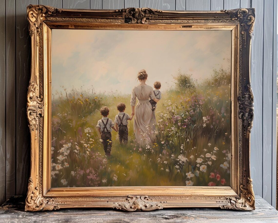 Vintage Mother and Children in a Wildflower Meadow Oil Painting Poster
