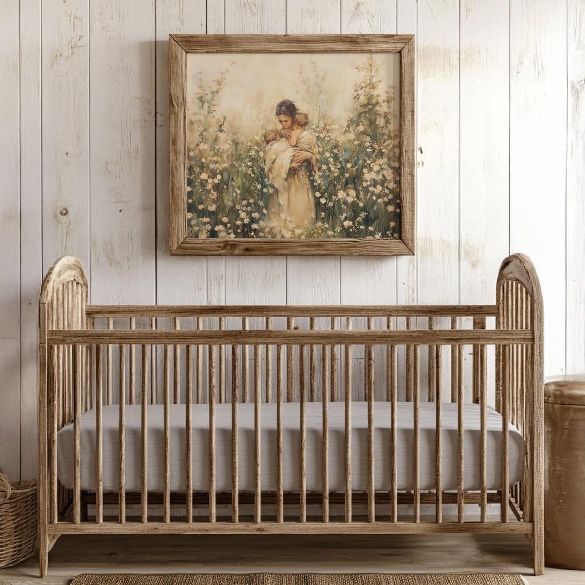 Mother Holding Two Children In Soft Flower Field Painting Poster - Image 4