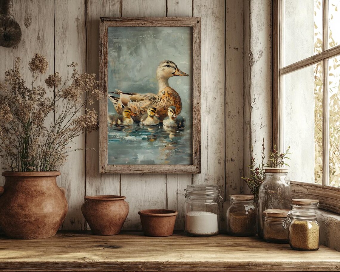 Mother Duck And Three Ducklings Swimming Vintage Oil Painting Poster - Image 2