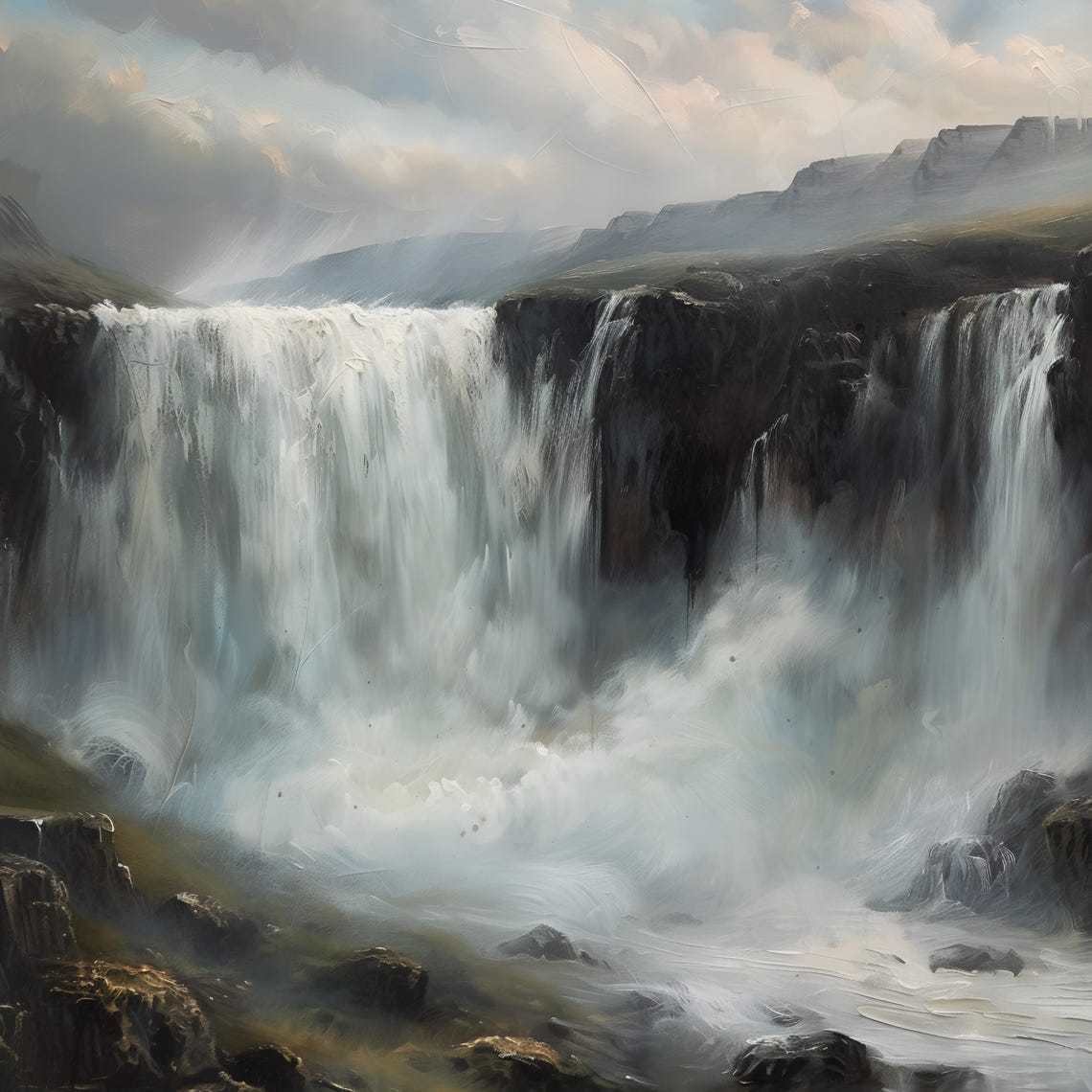 Mighty Waterfall in a Moody Rocky Highland Landscape Painting Poster - Image 2