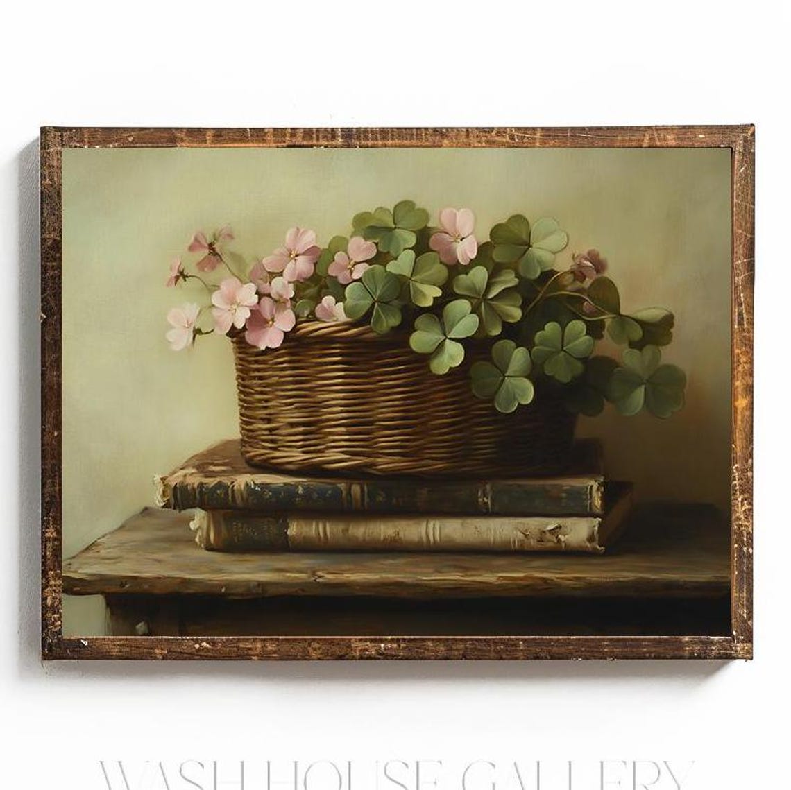 Shamrock Clover Basket with Pink Flowers on Two Old Books Poster