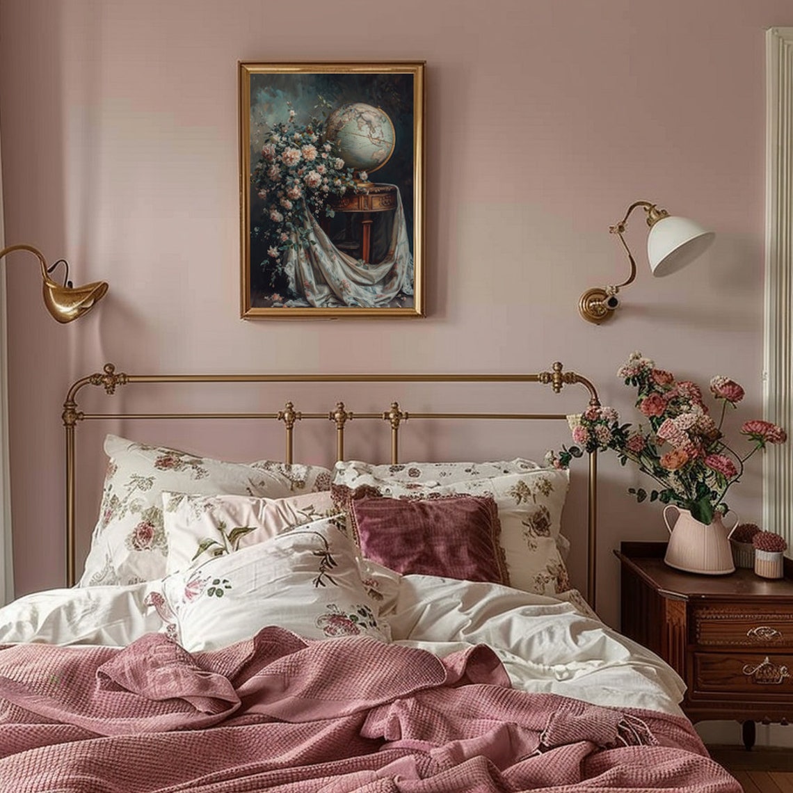 Vintage Globe And Pink Roses On Wooden Table Dark Still Life Poster - Image 2