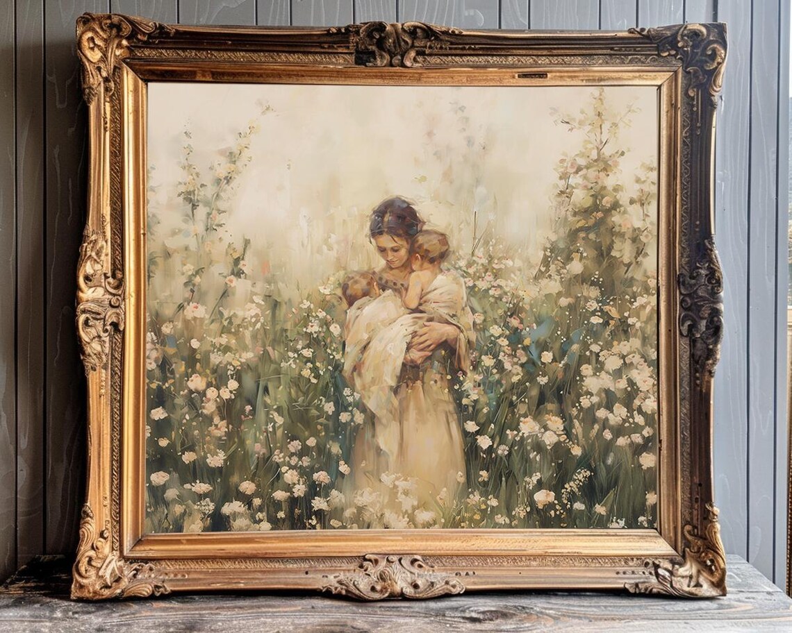 Mother Holding Twin Babies In a Wildflower Meadow Painting Poster