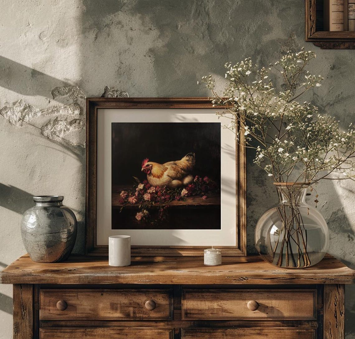 Golden Hen on a Rustic Table with Dark Red Flowers Moody Poster - Image 4