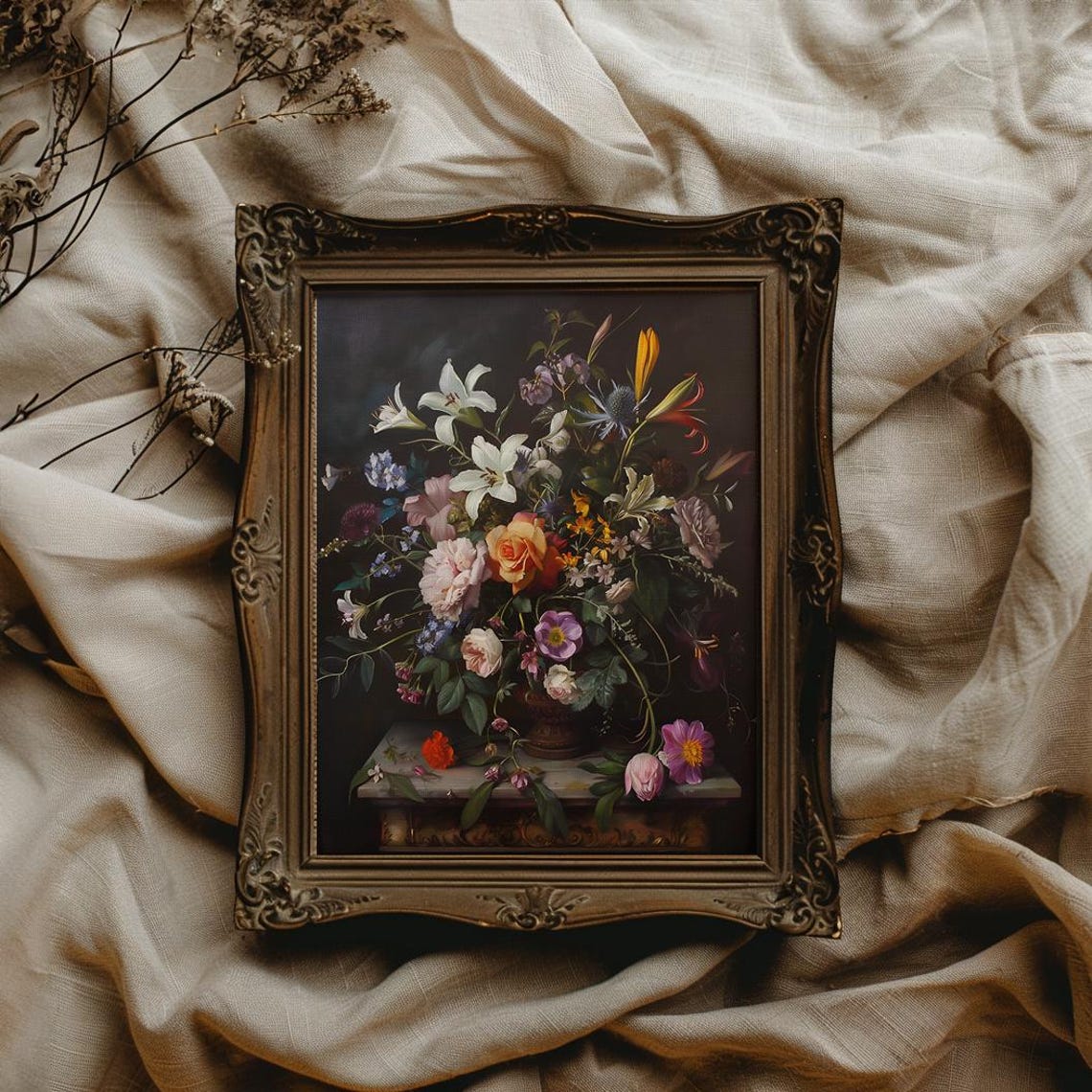 Dutch Masters Style Floral Bouquet With Lilies Dark Moody Poster - Image 2