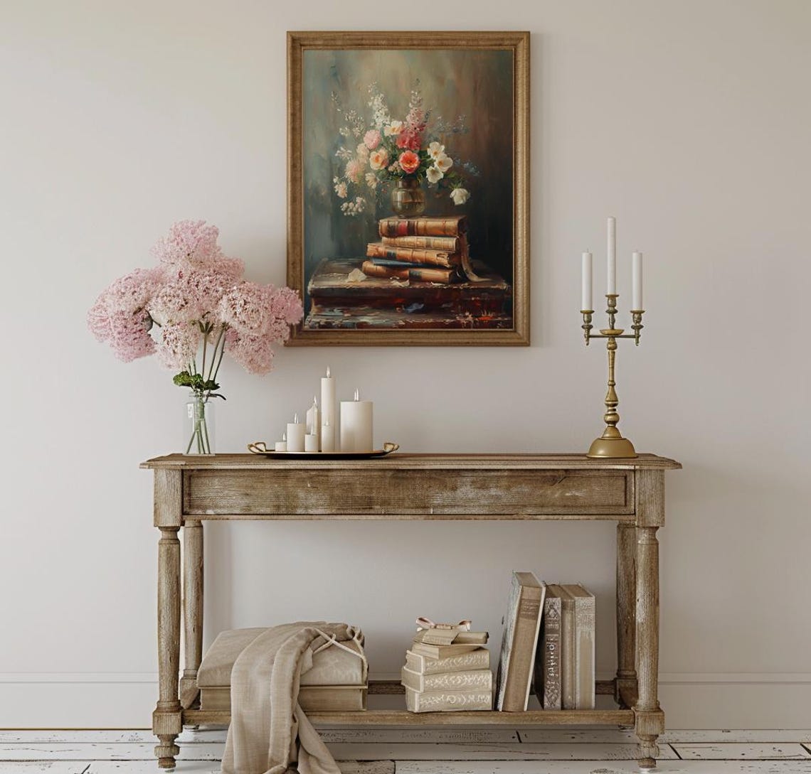 Wildflower Bouquet On Stack Of Old Books Vintage Still Life Poster - Image 3
