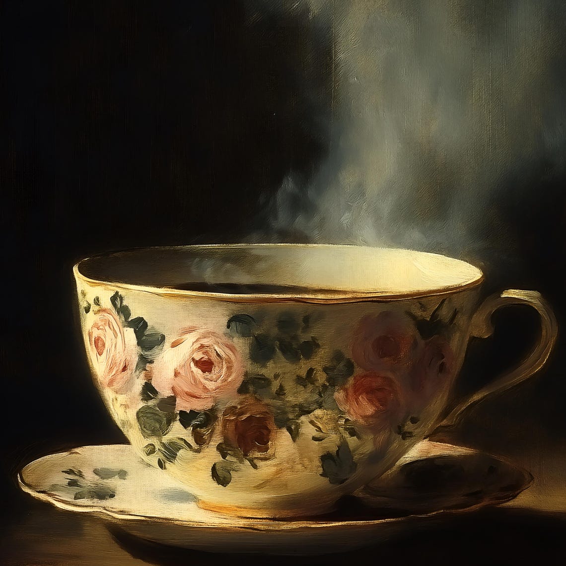 Steaming Floral Teacup On Dark Moody Background Kitchen Art Poster - Image 2
