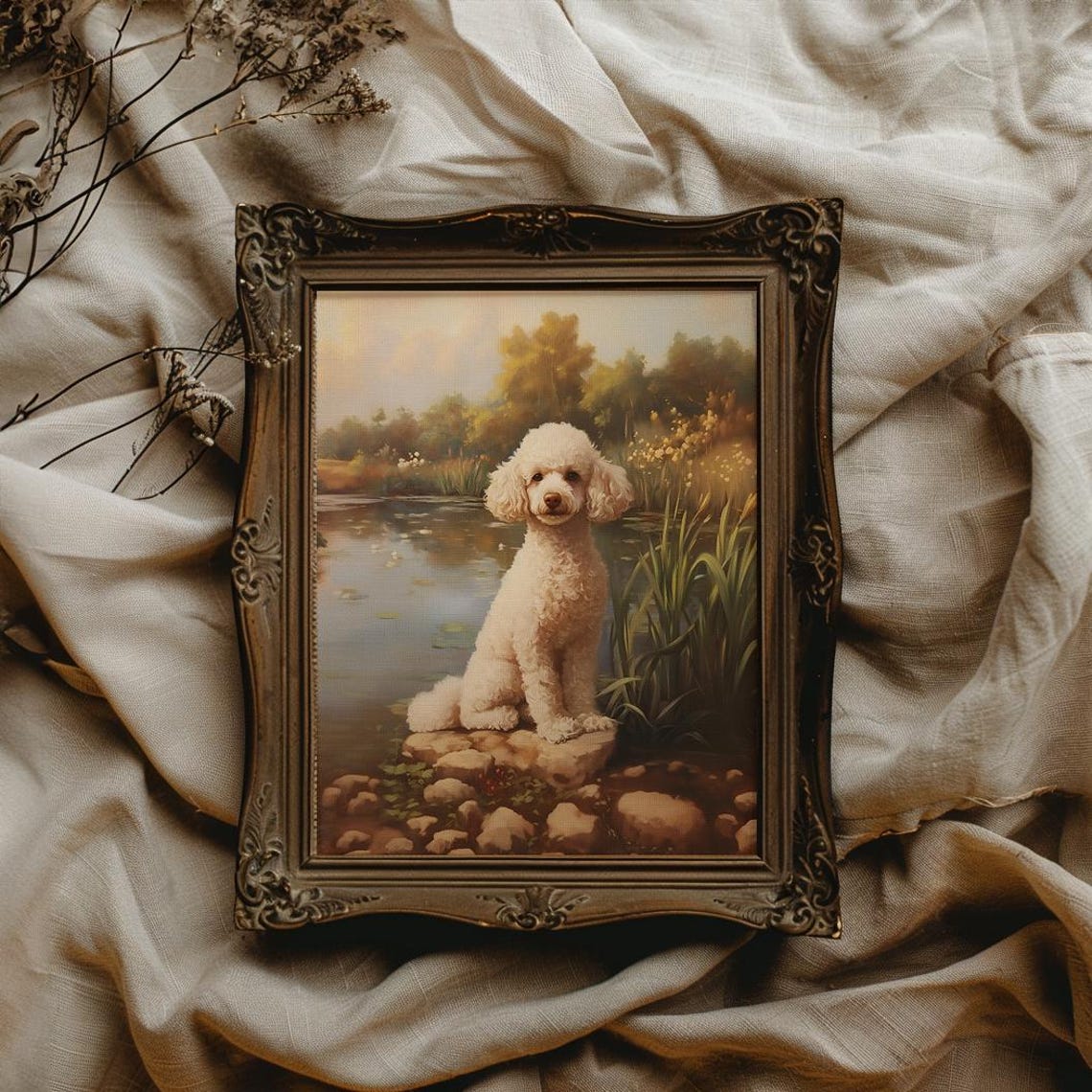 White Poodle Sitting by a Pond at Golden Hour Vintage Dog Poster - Image 3