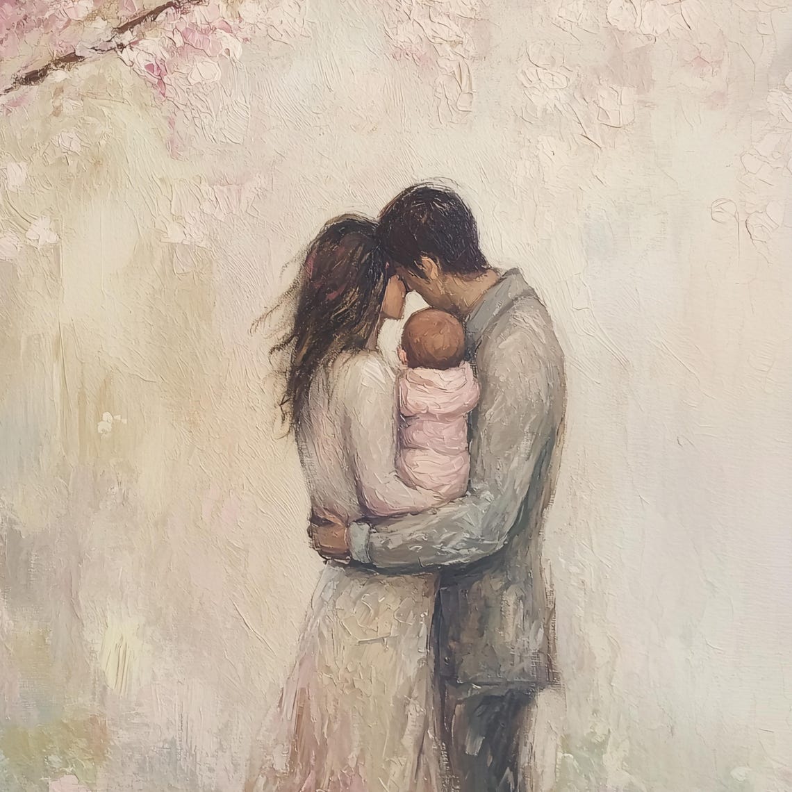 New Parents Embracing Baby Beneath Cherry Blossom Tree Art Poster - Image 3