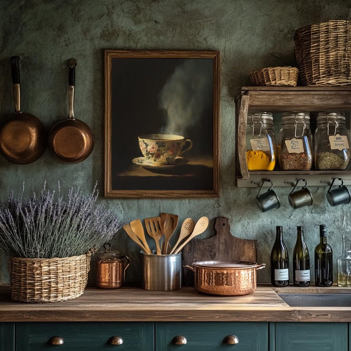Steaming Floral Teacup On Dark Moody Background Kitchen Art Poster - Image 3